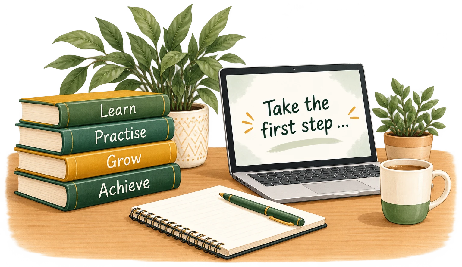 Illustration of a wooden desk with a stack of books labelled Learn, Practise, Grow and Achieve, potted plants, a laptop reading Take the first step, a notebook and pen, and a mug of coffee